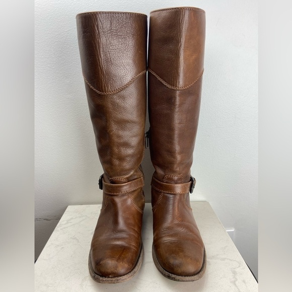 FRYE Phillip Pebbled Leather Knee High Roding Boots Brown Buckle - Picture 6 of 16